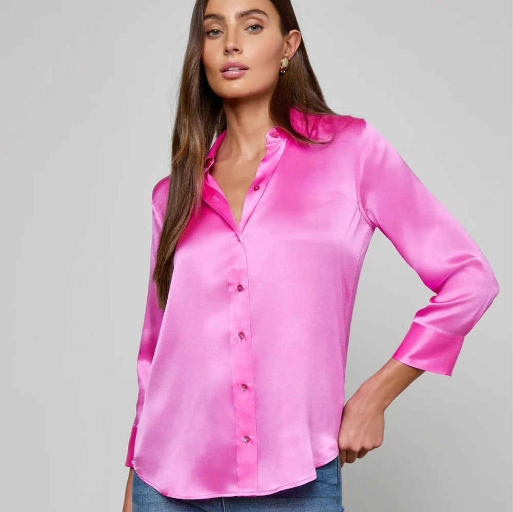 L'AGENCE Dani Silk Button Down Blouse 3/4 Sleeve XS Pink Fuchsia NWT